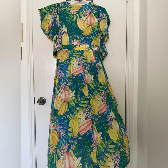 Farm Rio Midi Dress Star Fruit print w Puff Sleeves. Size Medium. - Picture 3 of 10